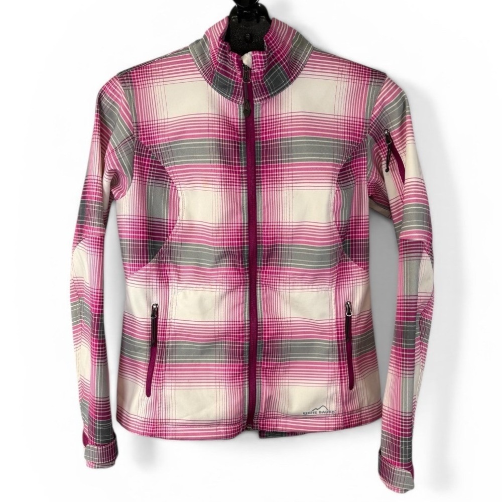 Eddie Bauer Womens Pink Plaid Softshell Full Zip‎ Jacket Mock Neck Small